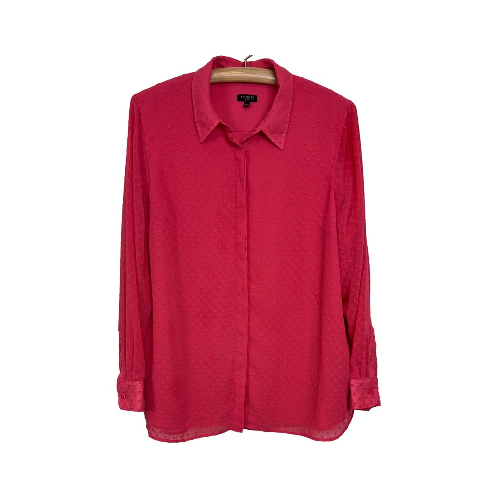 Talbots Button Down Shirt Womens XL‎ Petite Pink Clip Dot Long Sleeve Blouse A34